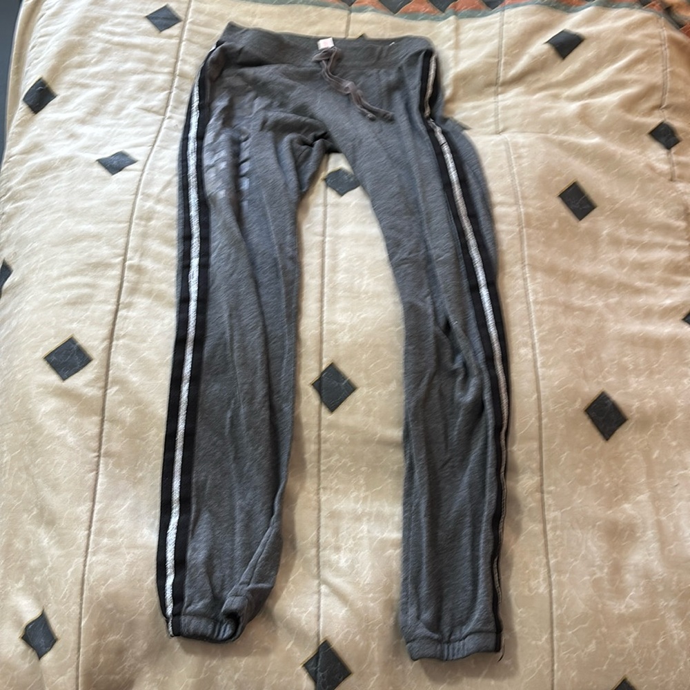 Justice, girls size 14, sweatpants, gray, with black and silver vertical stripes